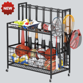 Sports Equipment Organizer for Indoor Outdoor, Larger Ball Storage Rack with Baskets and Hooks, 24 PCS Baseball Bats Gear Storage (Color: Black)